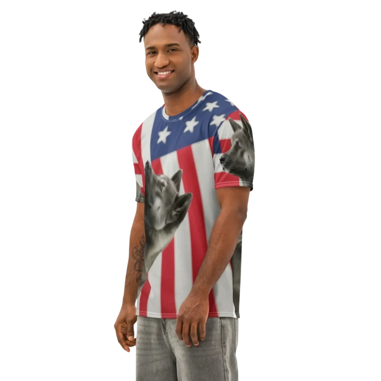 Smiling boy dressing a Crew Neck T-shirt with american flag and american Akita design