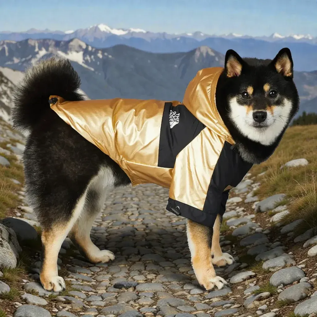 Shiba Inu wearing a British‑style waterproof dog raincoat with a hood, standing on a cobblestone path in a mountain scenario