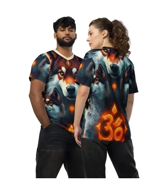 A man wearing an all-over-print recycled unisex T-shirt featuring a wolf design, while a woman showcases the back with the same design along with an Om symbol