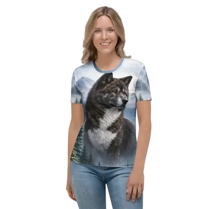 T-shirt Cotton Crew All-over print featuring black Akita Artwork