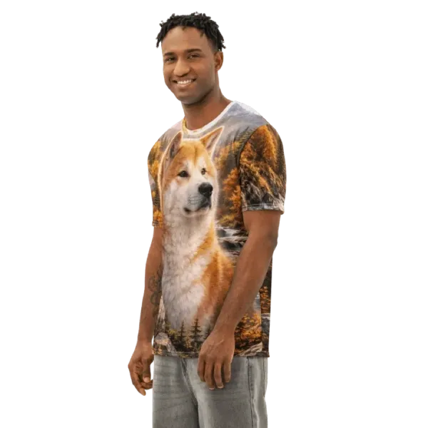 A boy wearing the Cotton Sweatshirt with an all over Akita artwork on mountain landscape