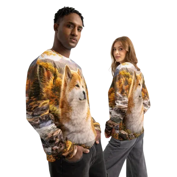 A boy and a woman in Cotton Sweatshirts featuring Akita artwork on a mountain landscape, showcasing both front and back designs
