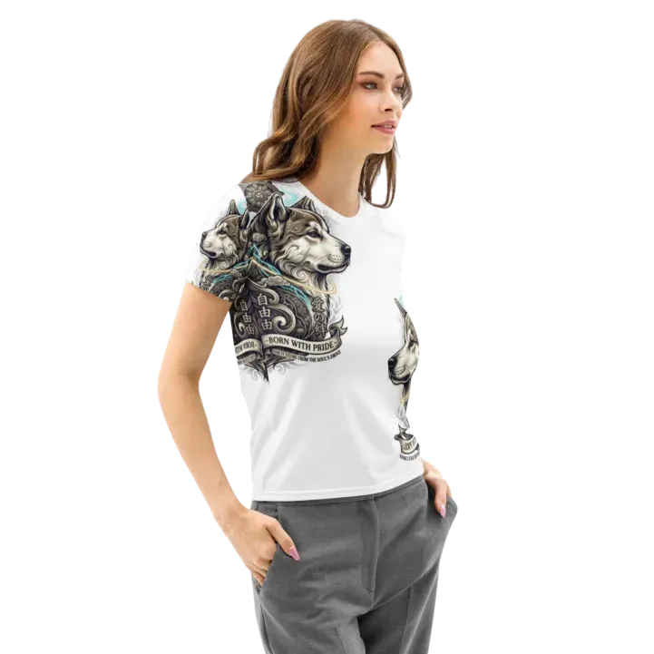Woman wearing a soft white cotton T-shirt featuring an artistic Akita face design